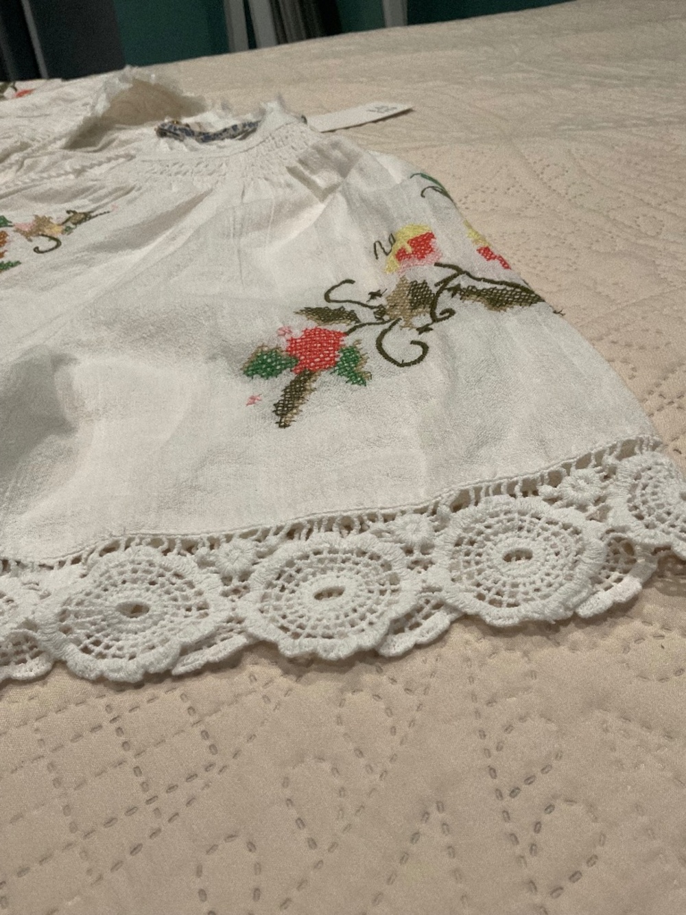 Jennifer & Grace Embroidered Peasant Blouse w/ Floral Accents Crocheted Trim - Picture 10 of 14